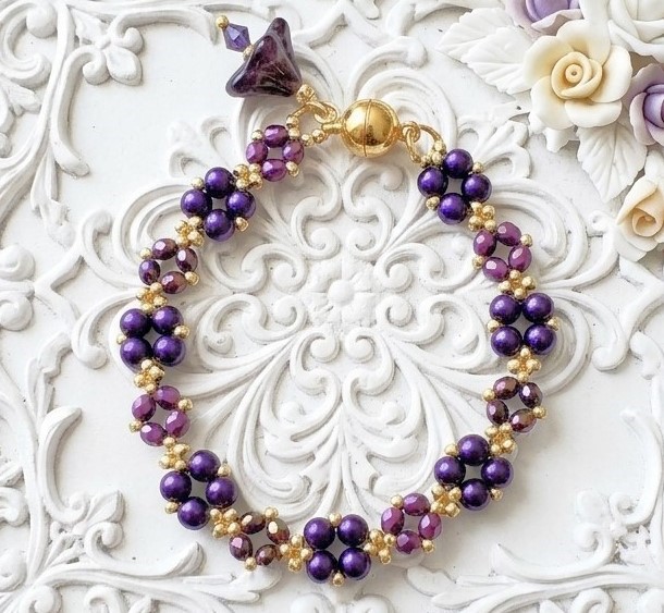 Beaded Bracelet with Purple Glass Pearls and Crystal